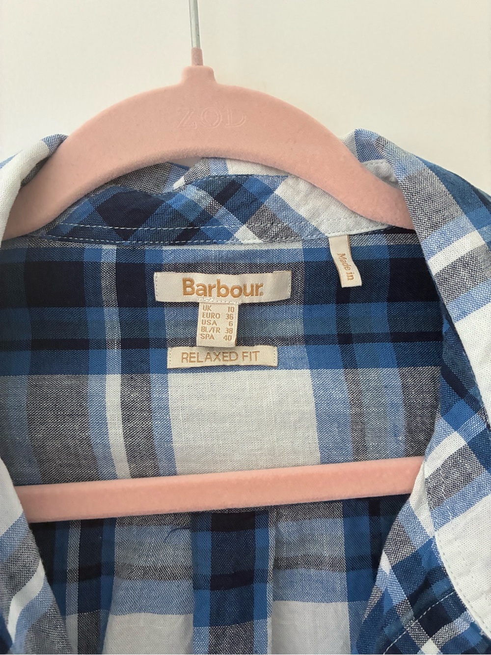 Barbour cotton/linen Blue Plaid Button-Front Shirt. Washed but never worn.